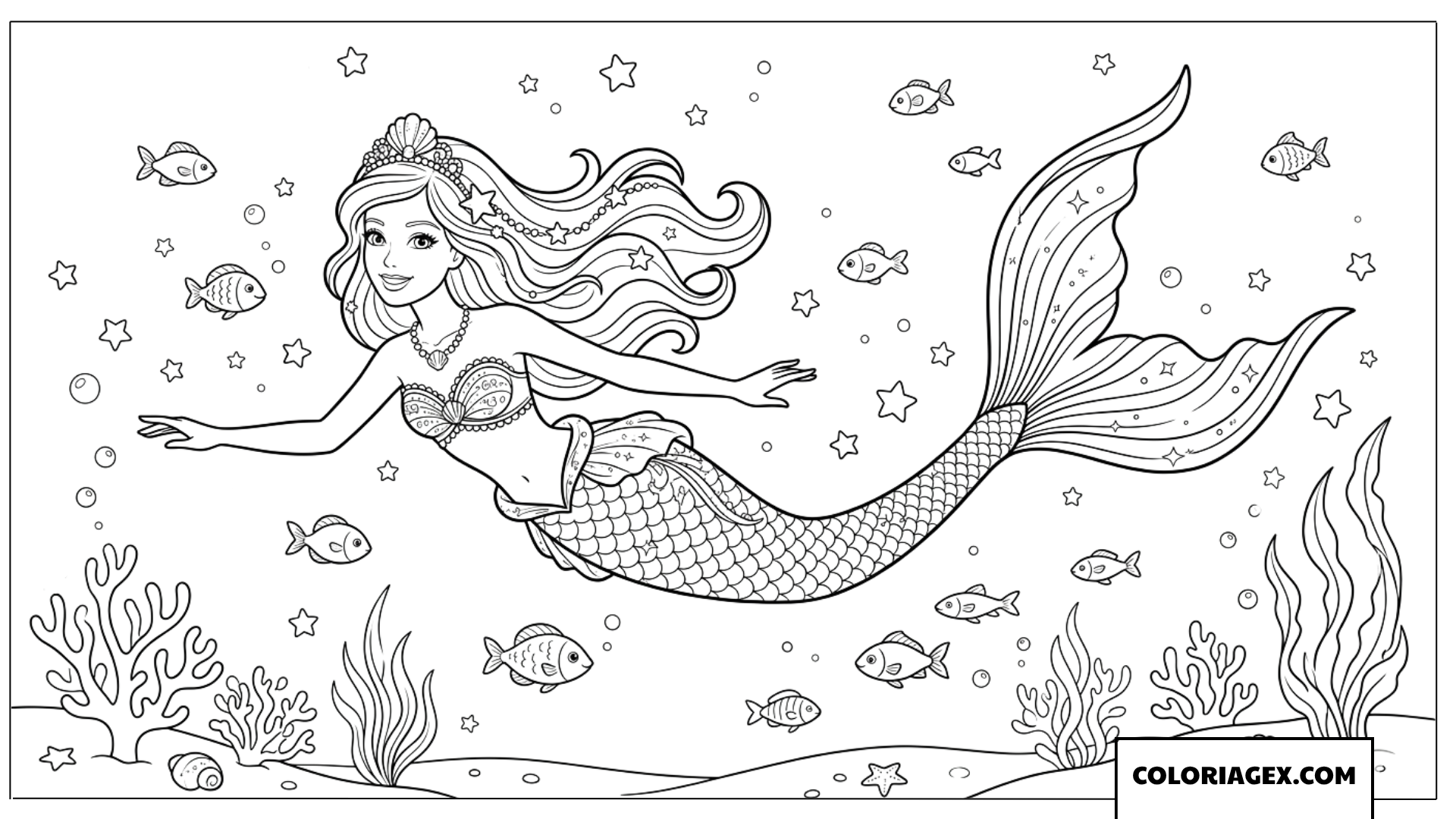 Coloriage sirène Barbie nageant parmi les poissons