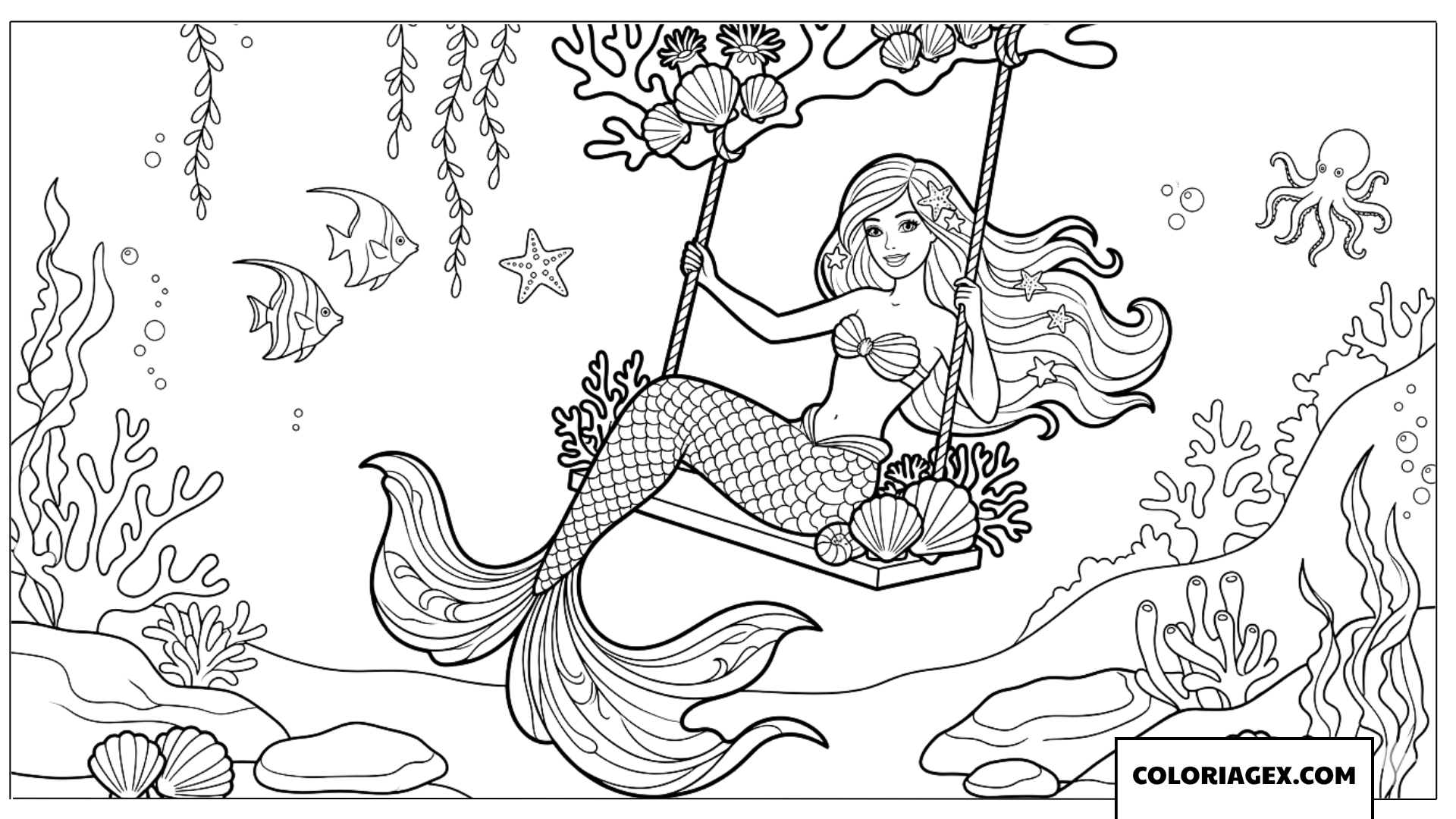 Coloriage sirène Barbie se relaxe sur sa balançoire