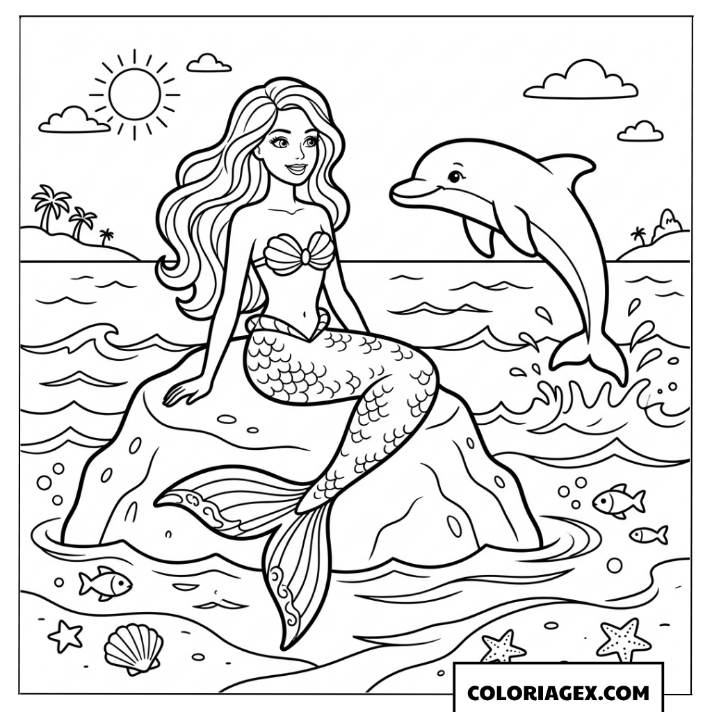Coloriage sirène Barbie sur le rocher du dauphin