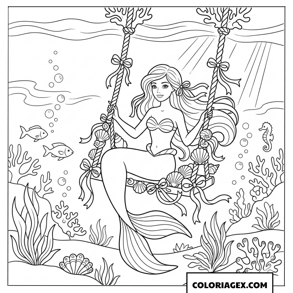Coloriage sirène Barbie sur sa balançoire marine