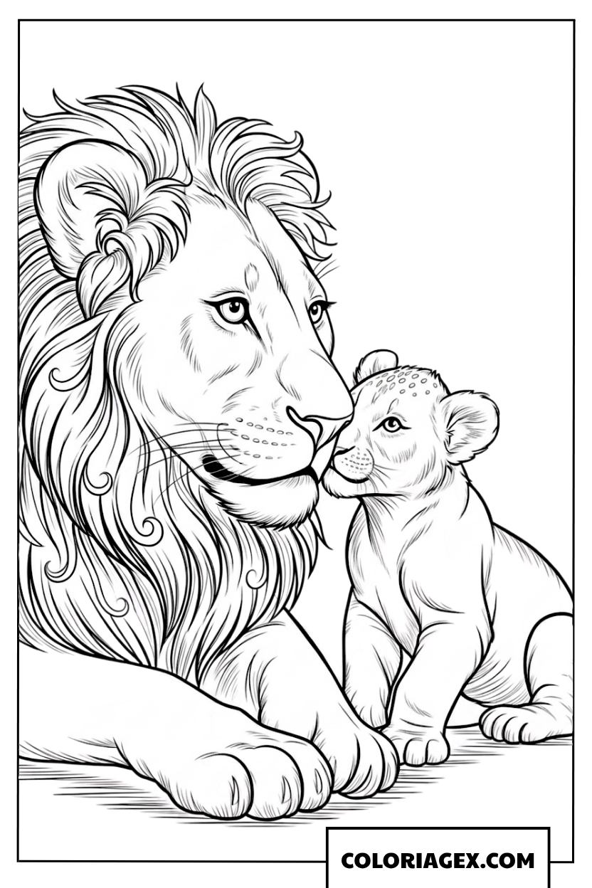 Coloriage tendresse entre un grand lion et son petit lionceau
