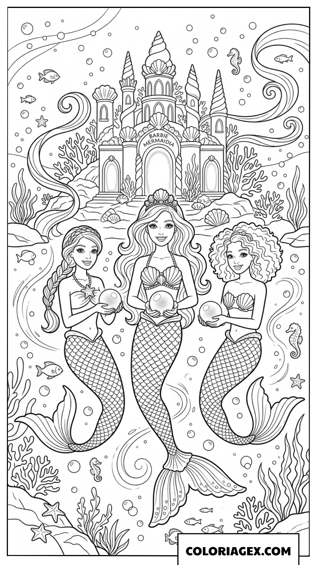 Coloriage trois sirènes Barbie devant le château