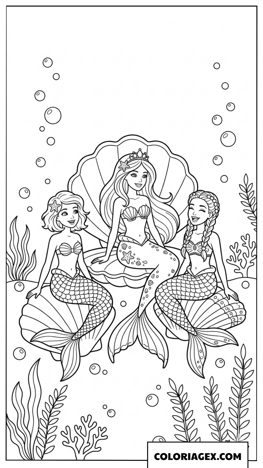 Coloriage trois sirènes amies dans un coquillage