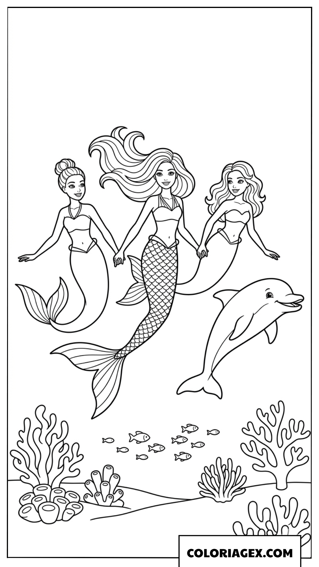 Coloriage trois sirènes nagent avec un dauphin