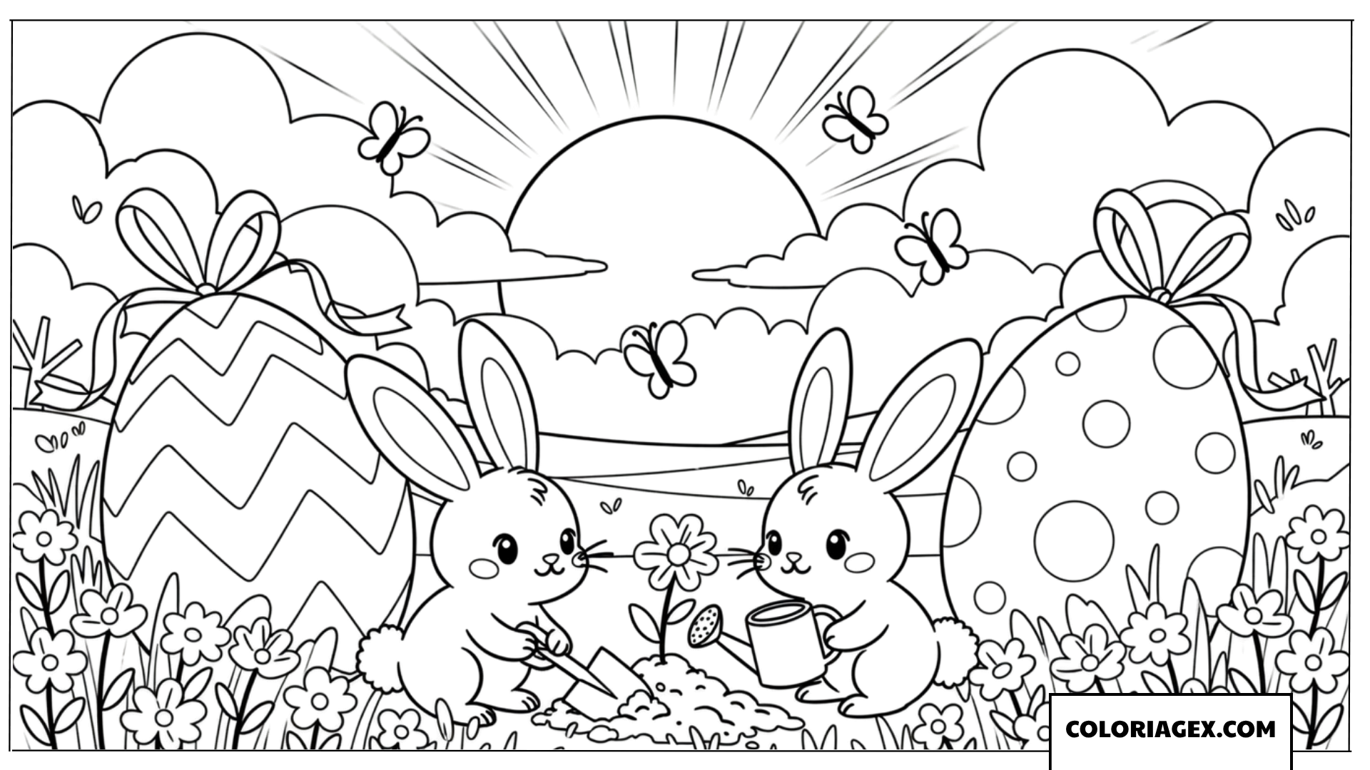 Coloriage Lapin De Pâques - Coloriages de deux lapins jouant au lever du soleil