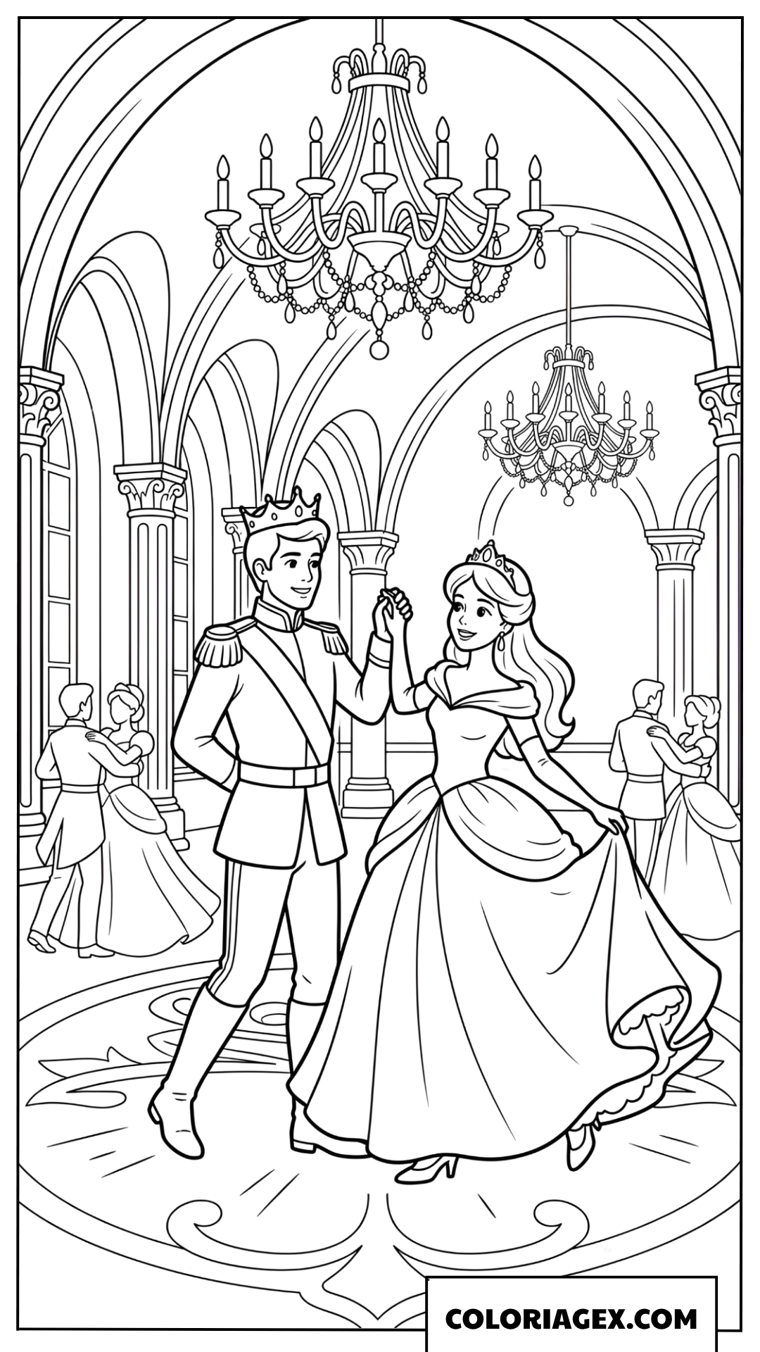 Dessin Bal royal de la Princesse et du Prince dans la salle de bal