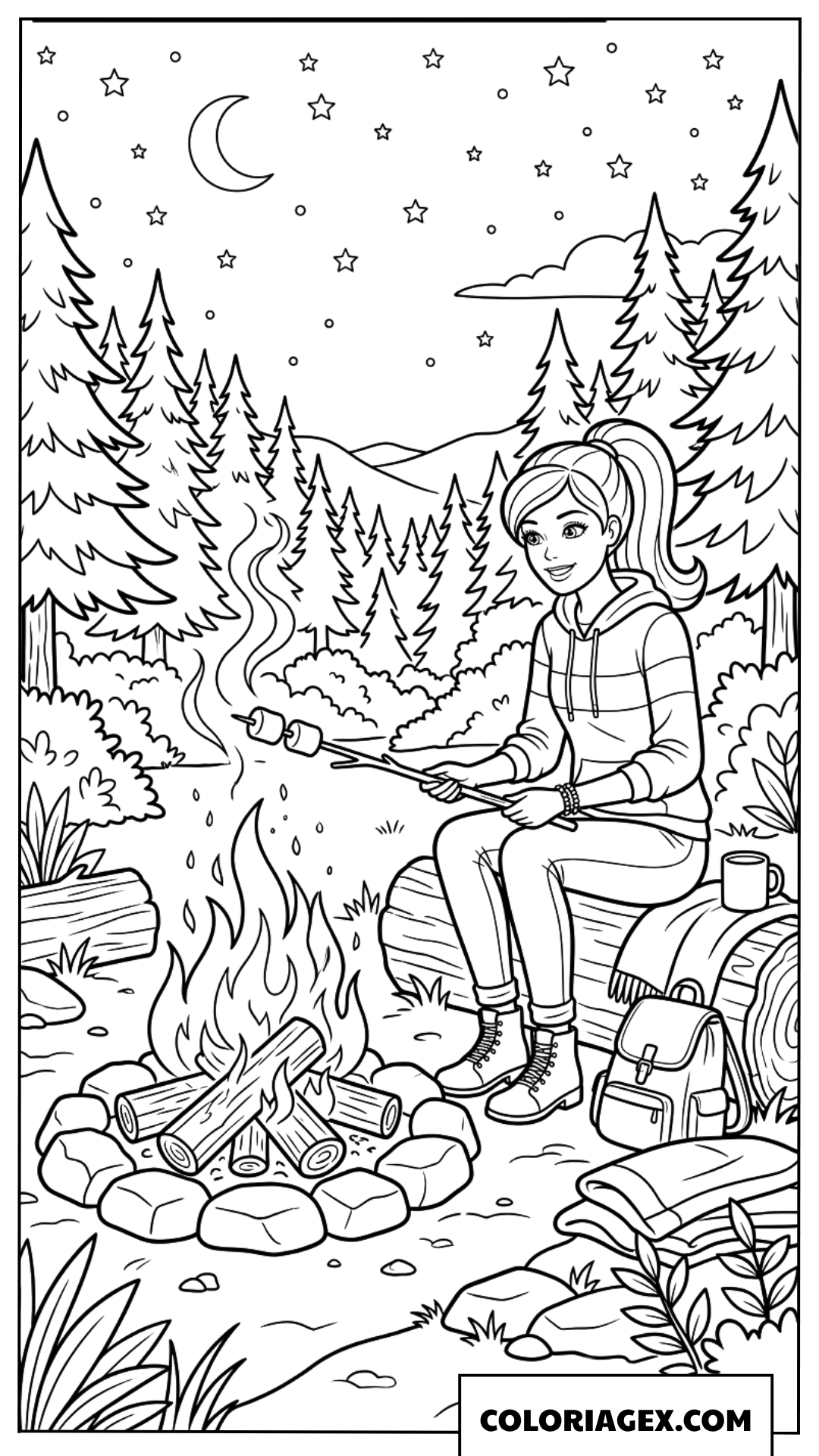 Dessin Barbie assise près du feu de camp pour griller des guimauves sous les étoiles