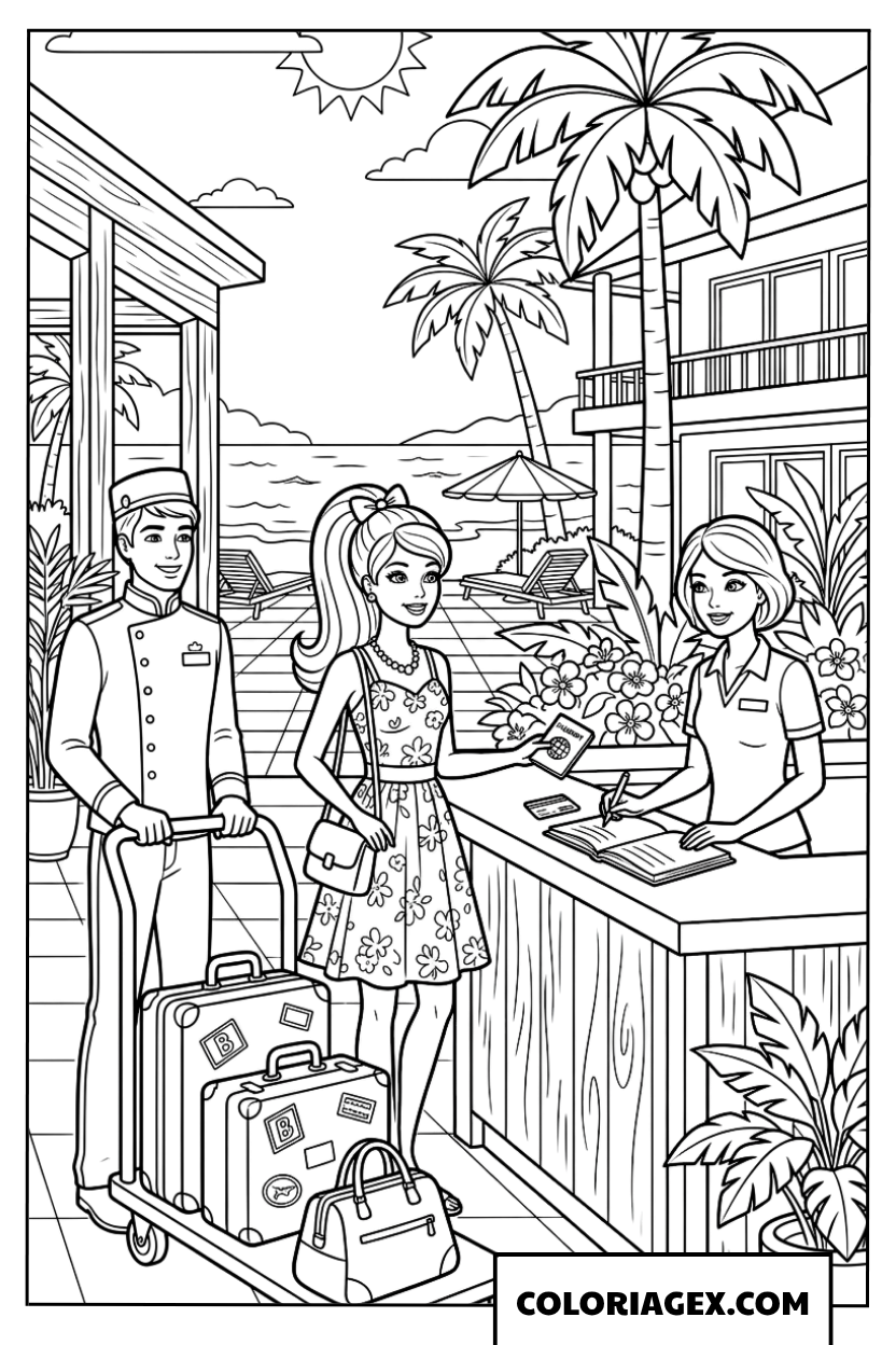 Dessin Barbie au hall de l'hôtel lors de ses vacances à la plage