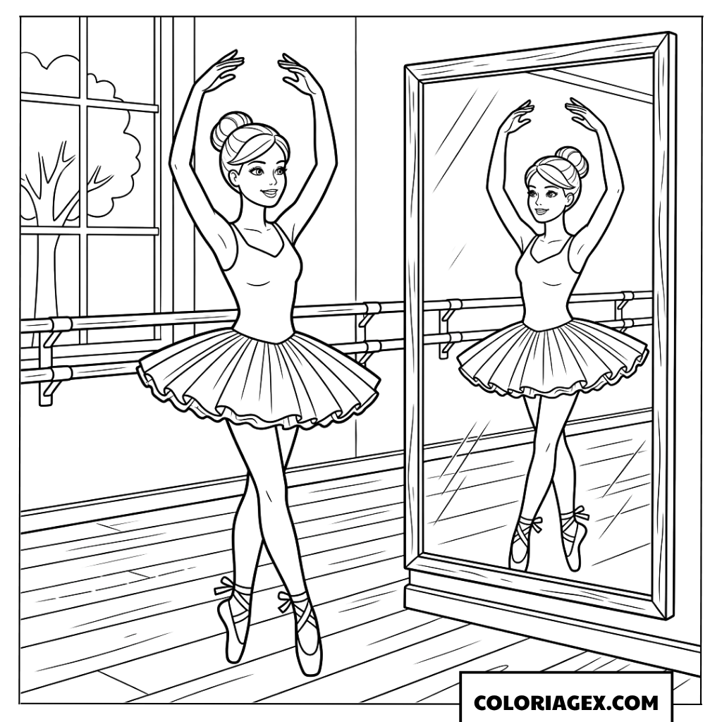 Dessin Barbie danseuse de ballet s'entraînant rigoureusement devant le miroir