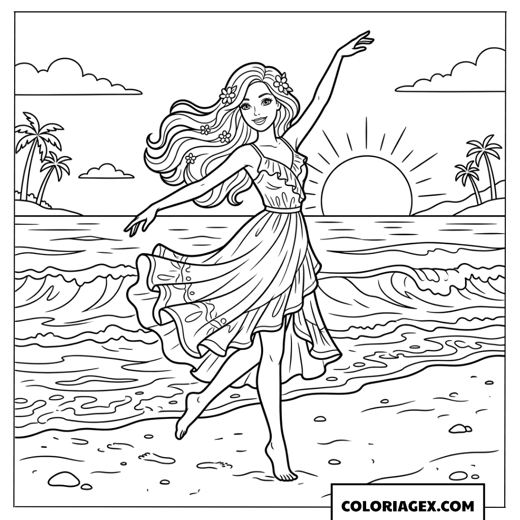 Dessin Barbie danseuse en longue robe dansant sur la plage au coucher du soleil