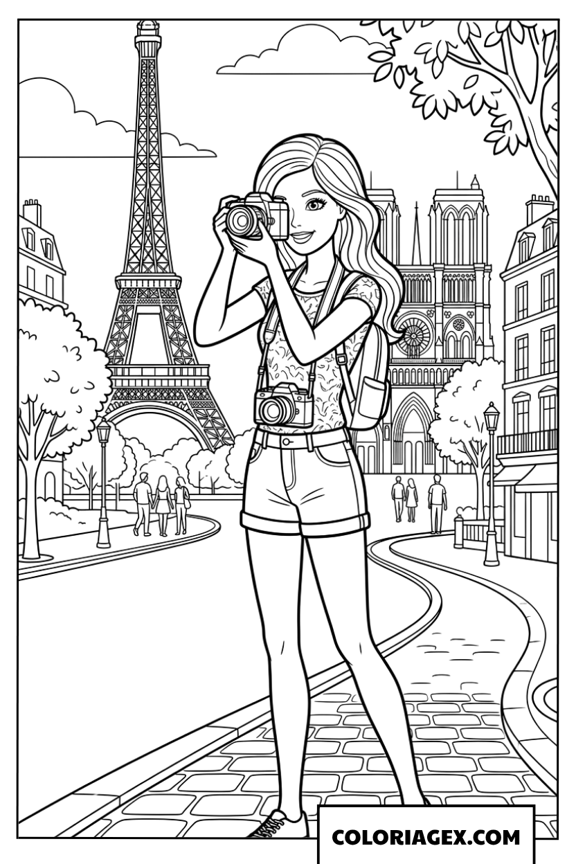 Dessin Barbie en voyage à Paris, prenant une photo devant la Tour Eiffel