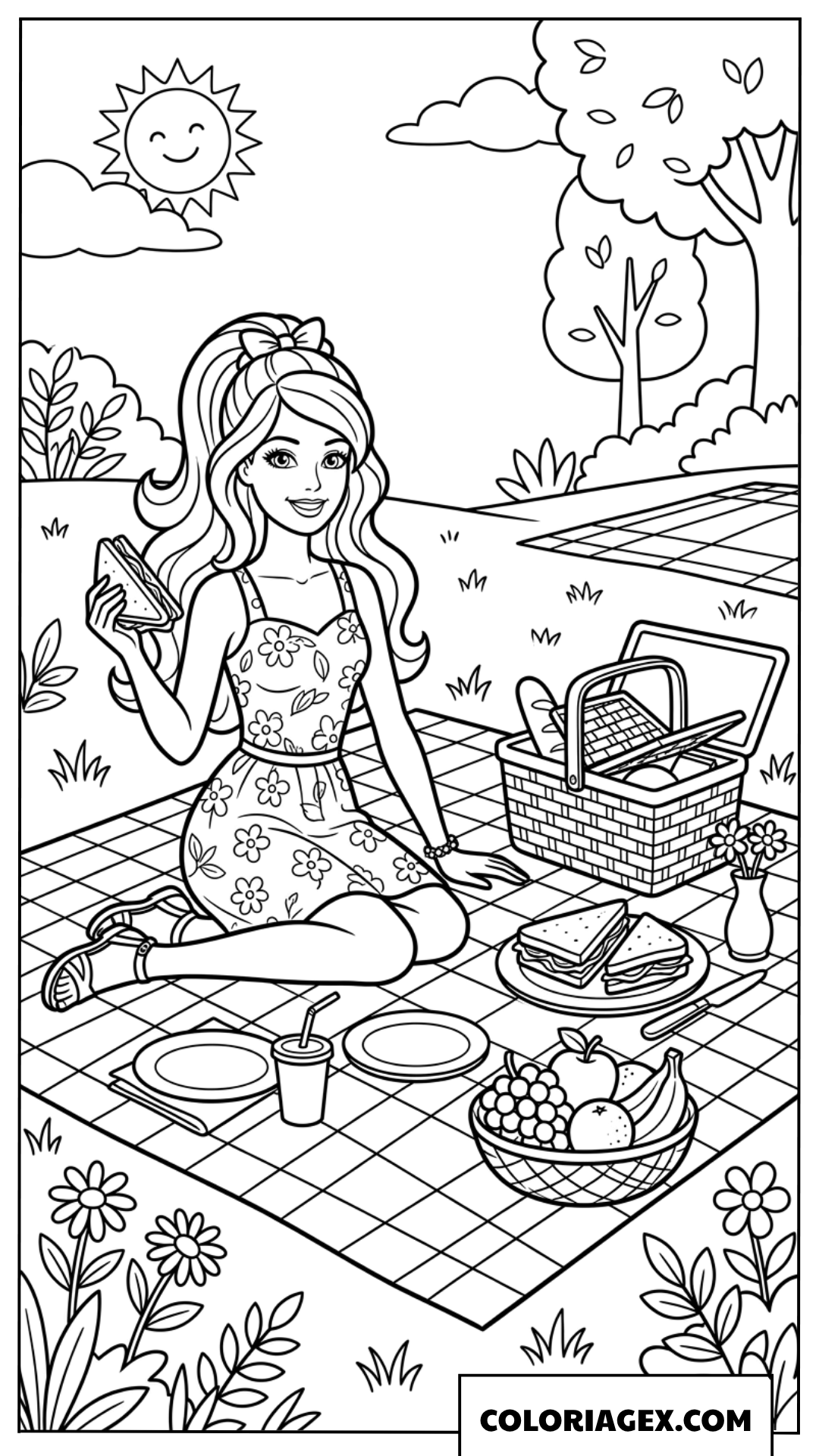 Dessin Barbie pique-niquant sur l'herbe sous un soleil joyeux