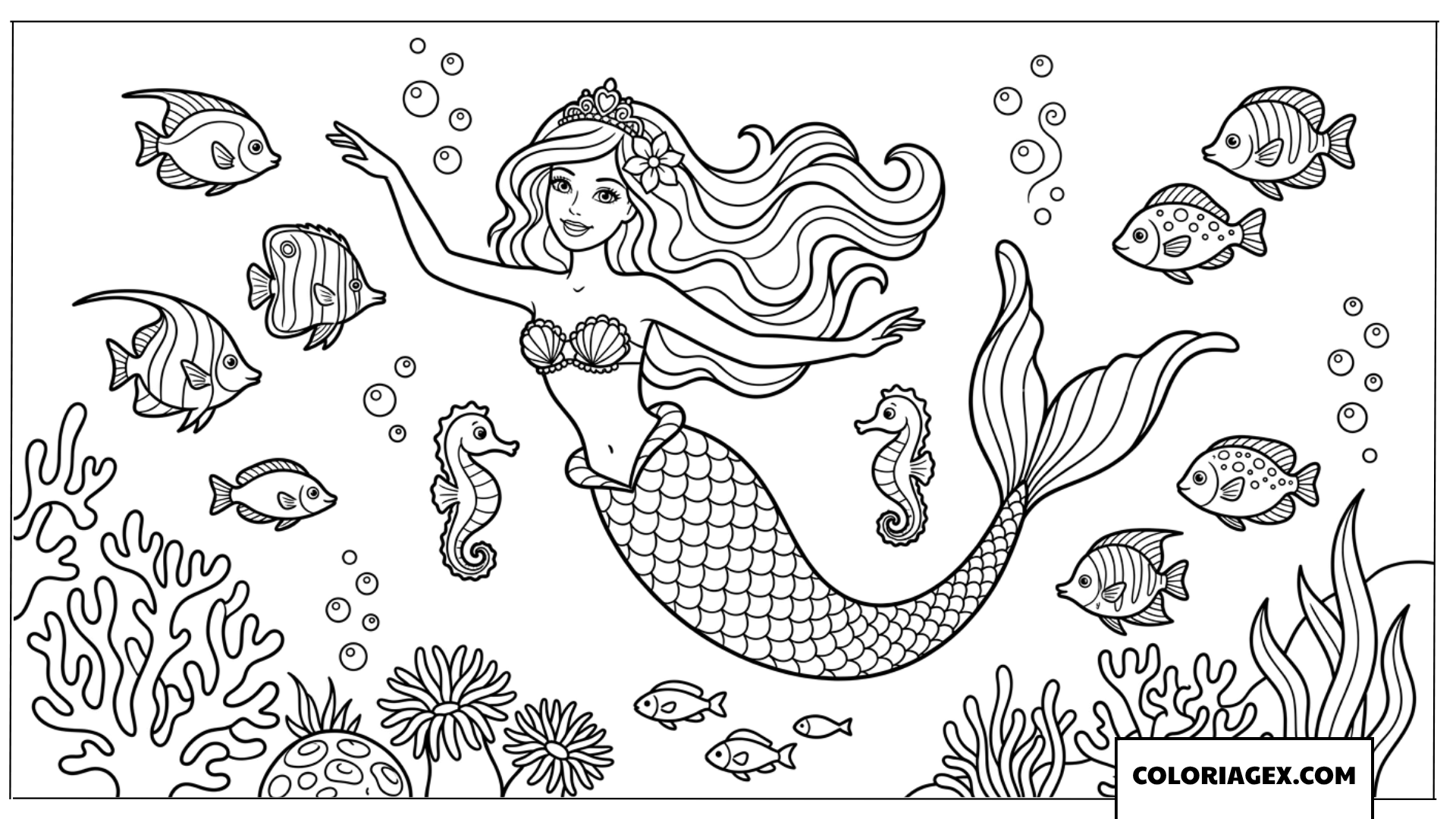 Dessin Barbie sirène nageant avec des poissons et des hippocampes sous la mer