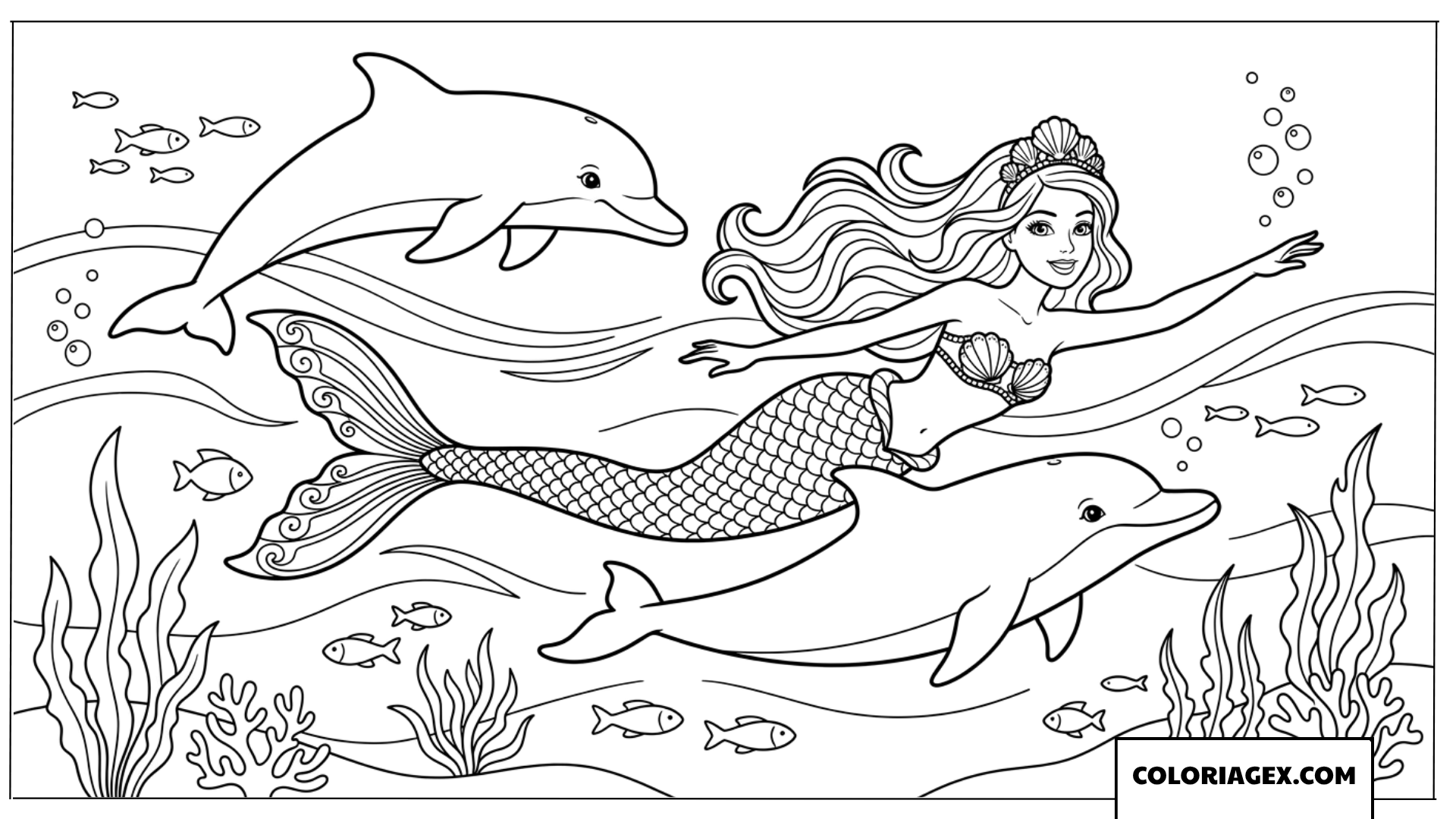 Dessin Barbie sirène nageant joyeusement avec des dauphins intelligents