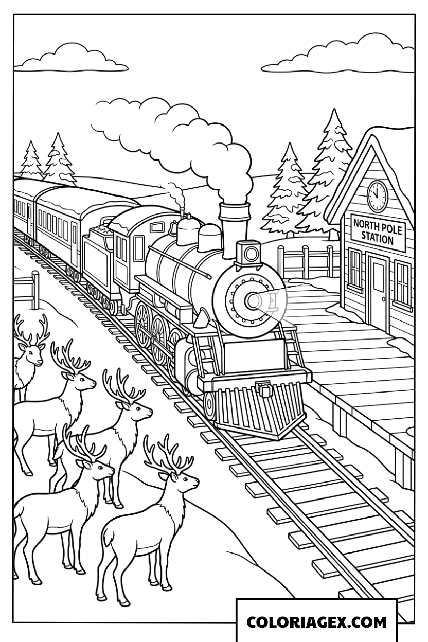 Dessin Le train North Pole Express arrivant à la gare enneigée