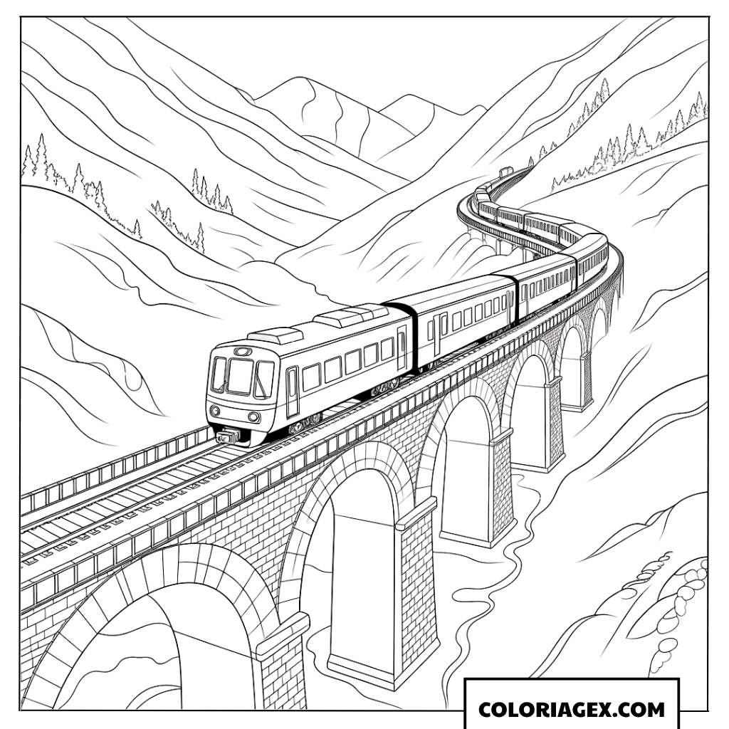Dessin Le train express traversant un grand pont de pierre dans les montagnes
