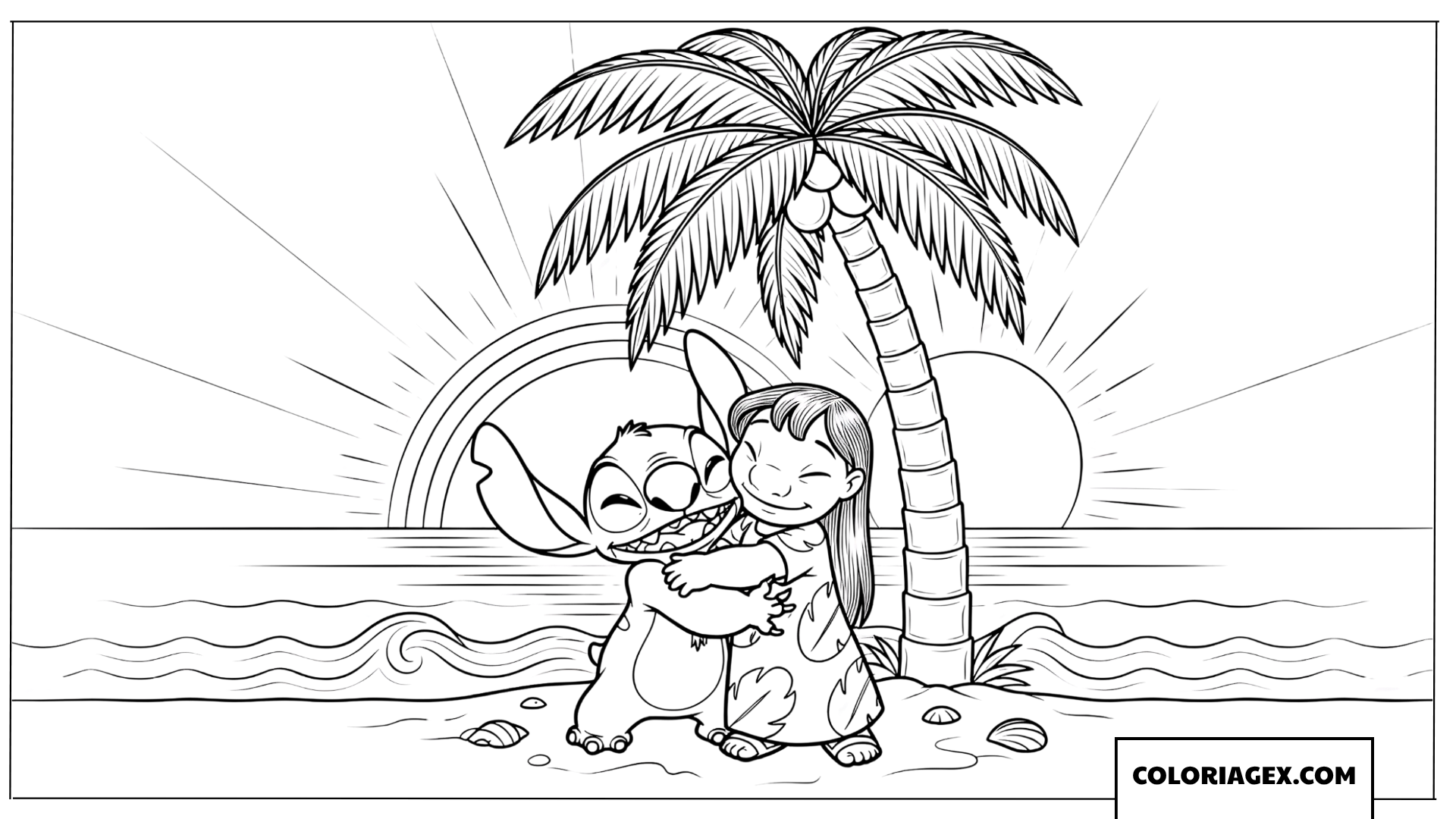 Dessin Lilo et Stitch se Font un Câlin à la Plage