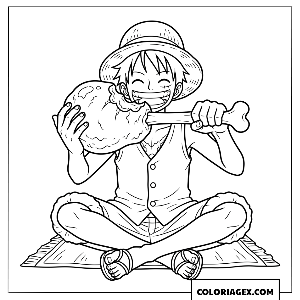 Dessin Luffy mangeant joyeusement de la viande