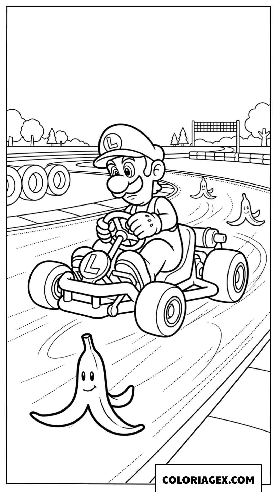 Dessin Luigi Mario Kart evitant les peaux de banane