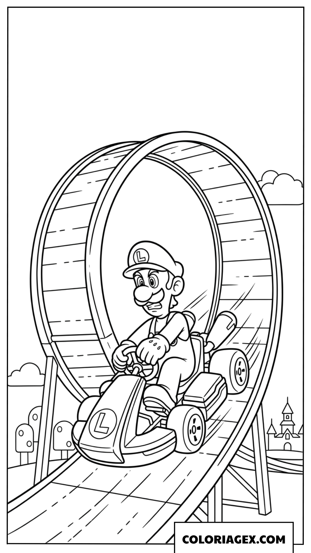 Dessin Luigi Mario Kart sur une piste en grand looping