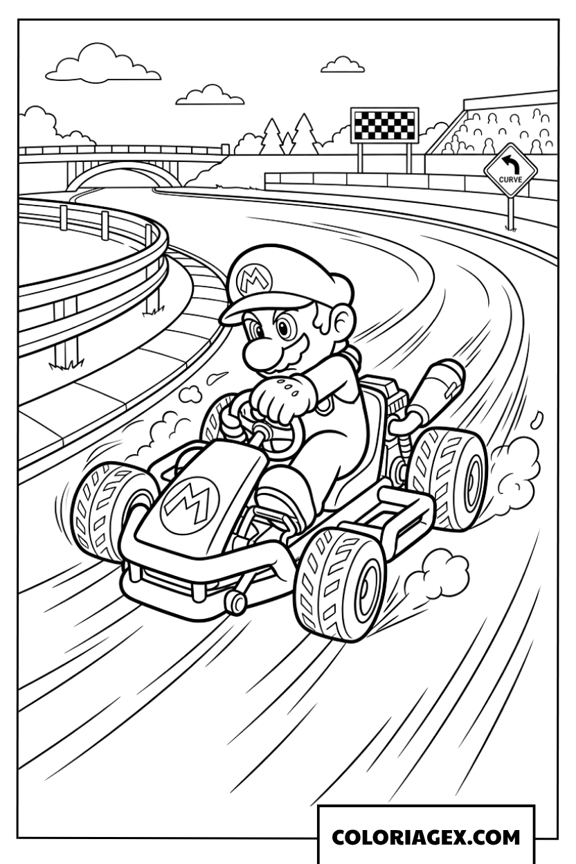 Dessin Mario Kart en plein virage sur la piste