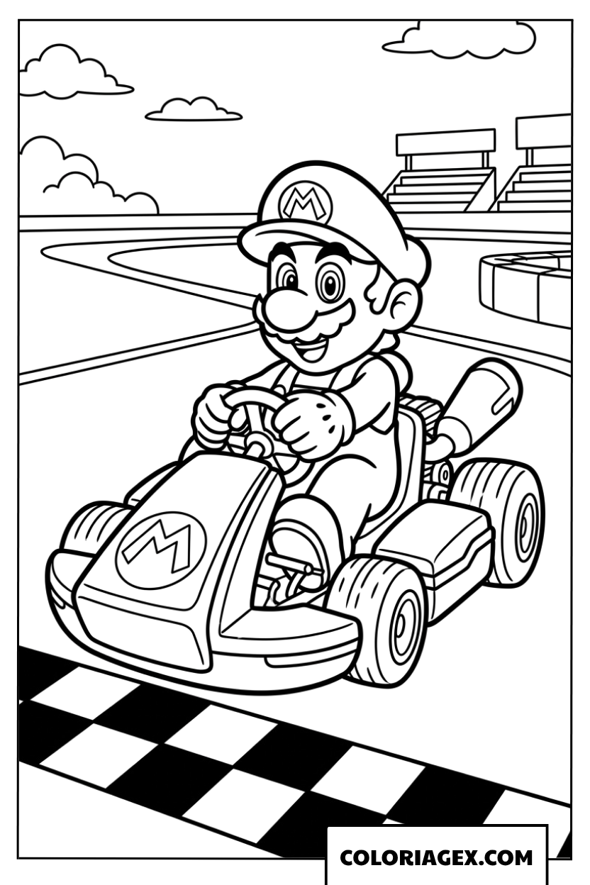 Dessin Mario Kart sur la ligne de depart damier