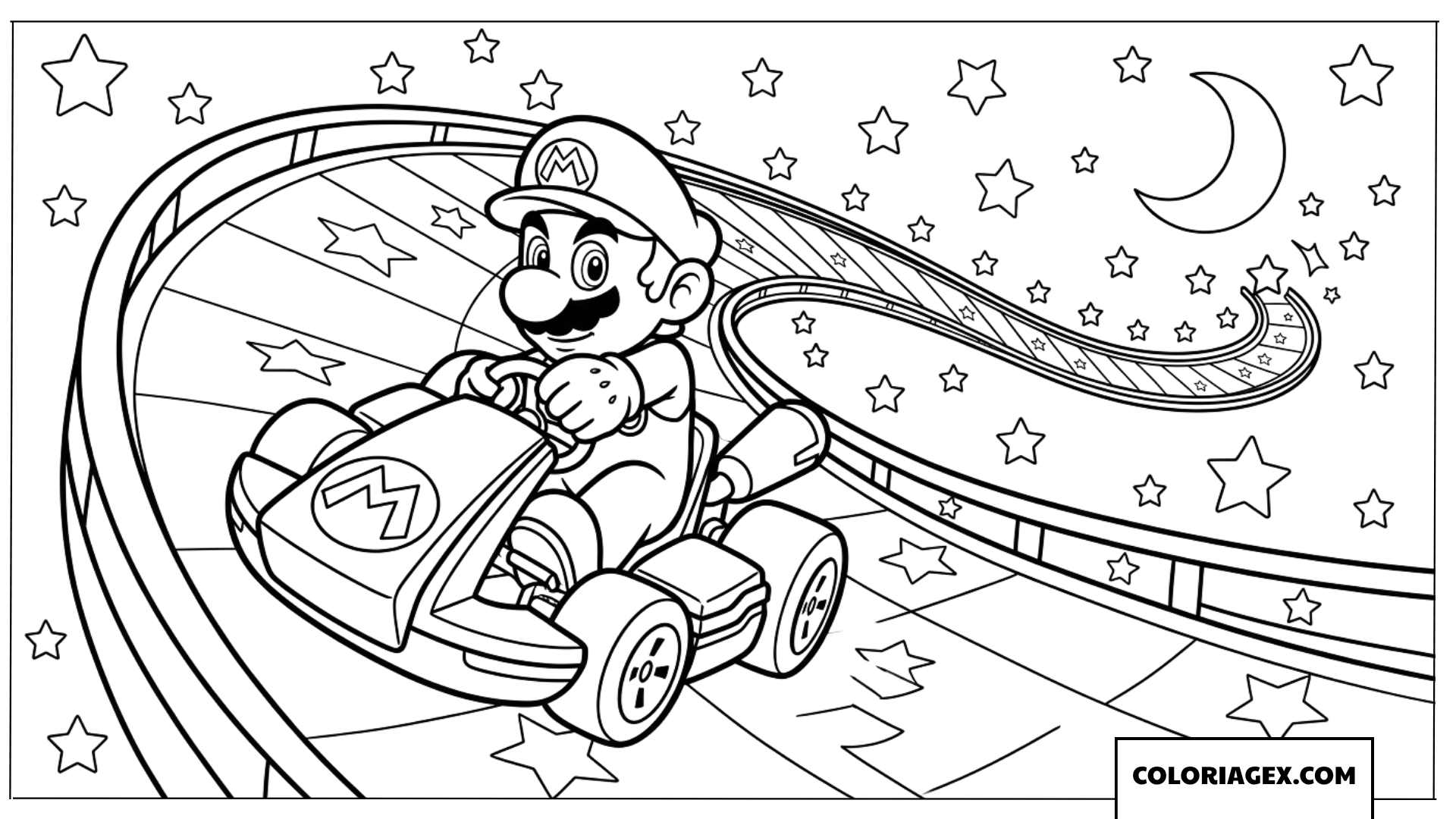 Dessin Mario Kart sur la piste arc en ciel etoilee