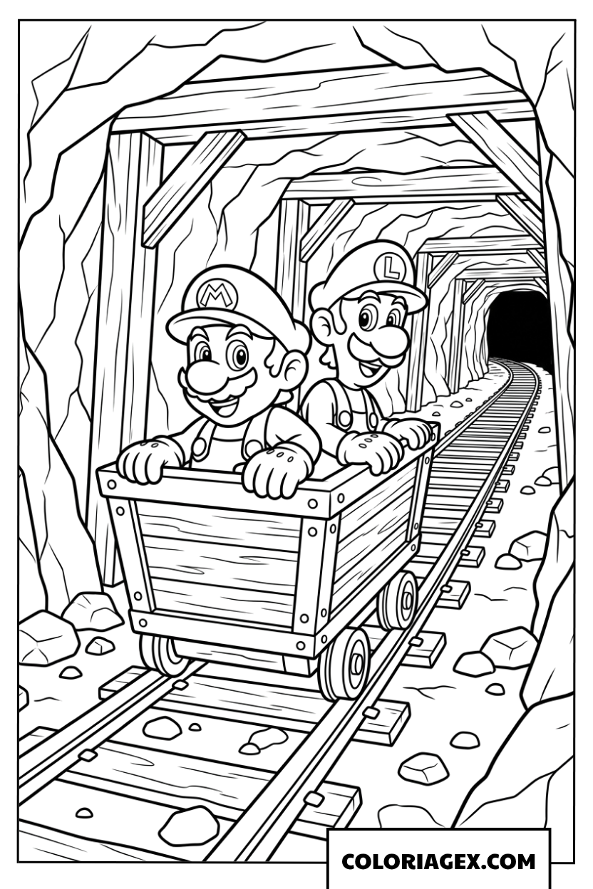 Dessin Mario et Luigi en wagonnet dans la mine sombre