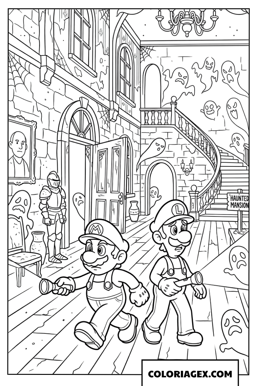 Dessin Mario et Luigi explorent le manoir hante effrayant