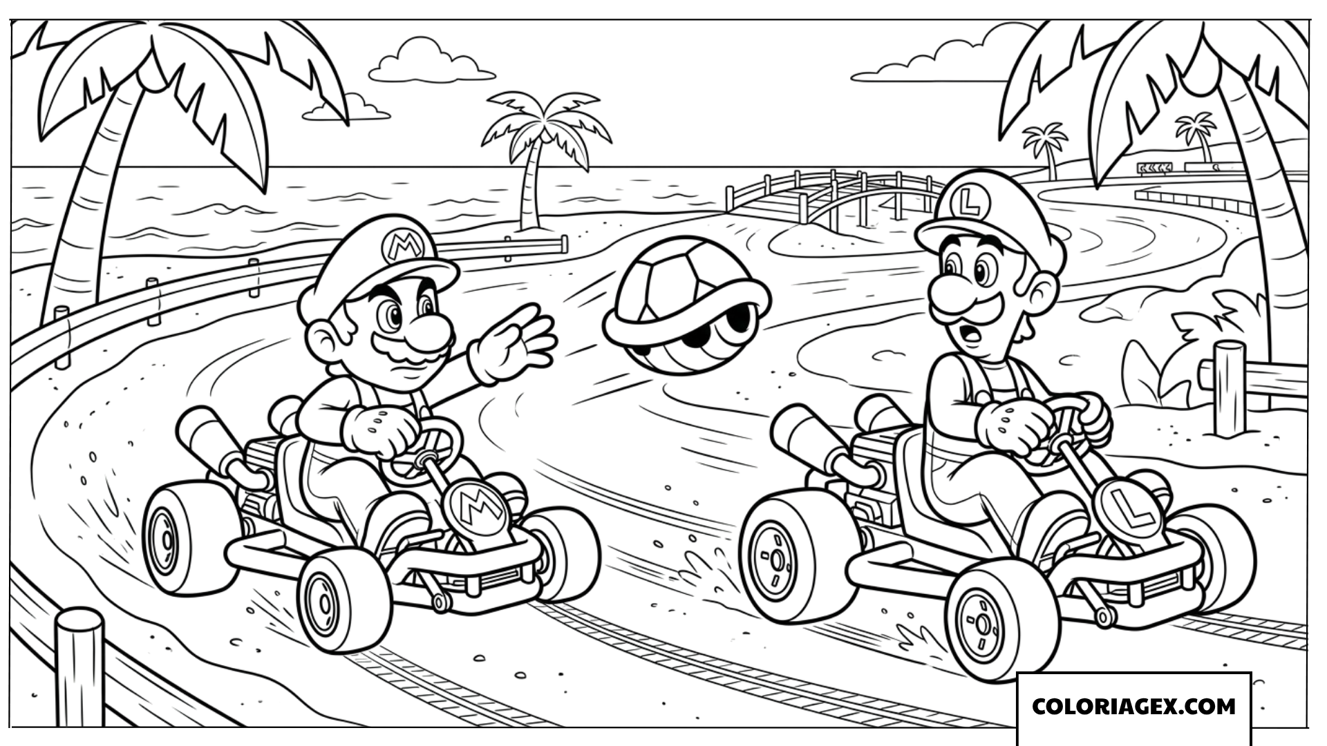 Dessin Mario et Luigi sur le circuit de la plage