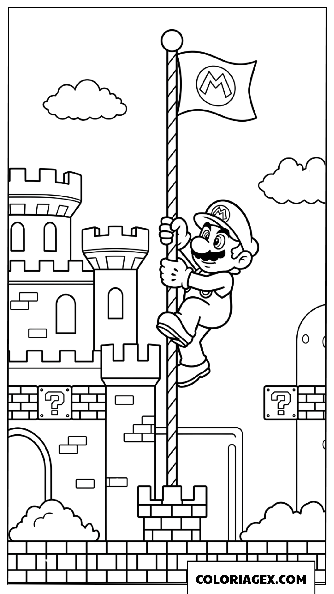 Dessin Mario glissant sur le poteau devant le chateau