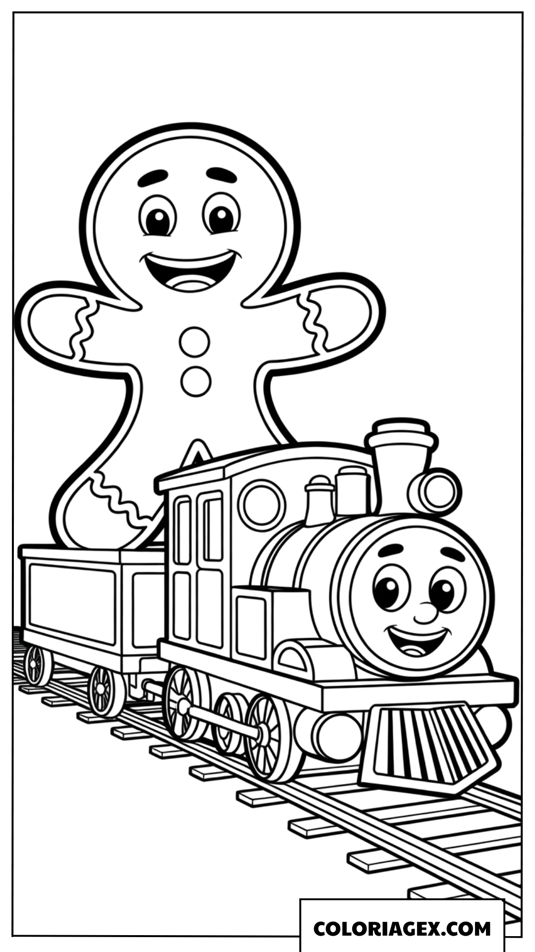 Dessin Petit train de Noël transportant un bonhomme de pain d épice géant