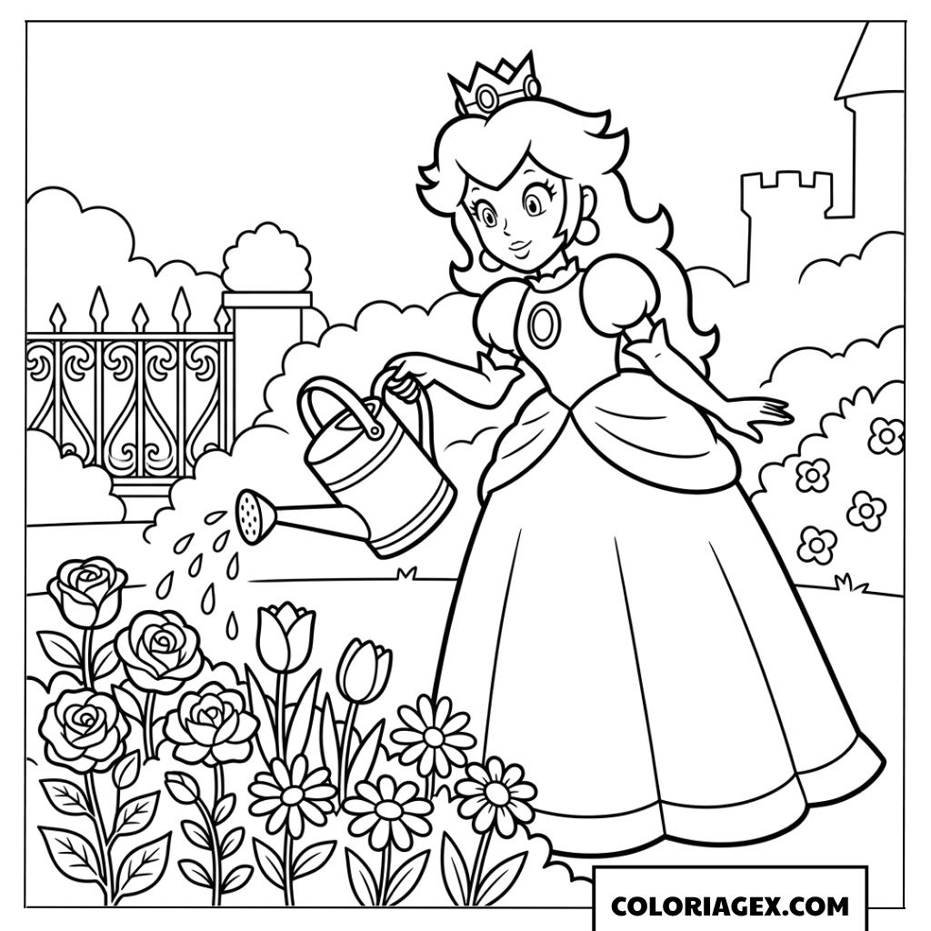 Dessin Princesse Peach arrose les fleurs du jardin du chateau