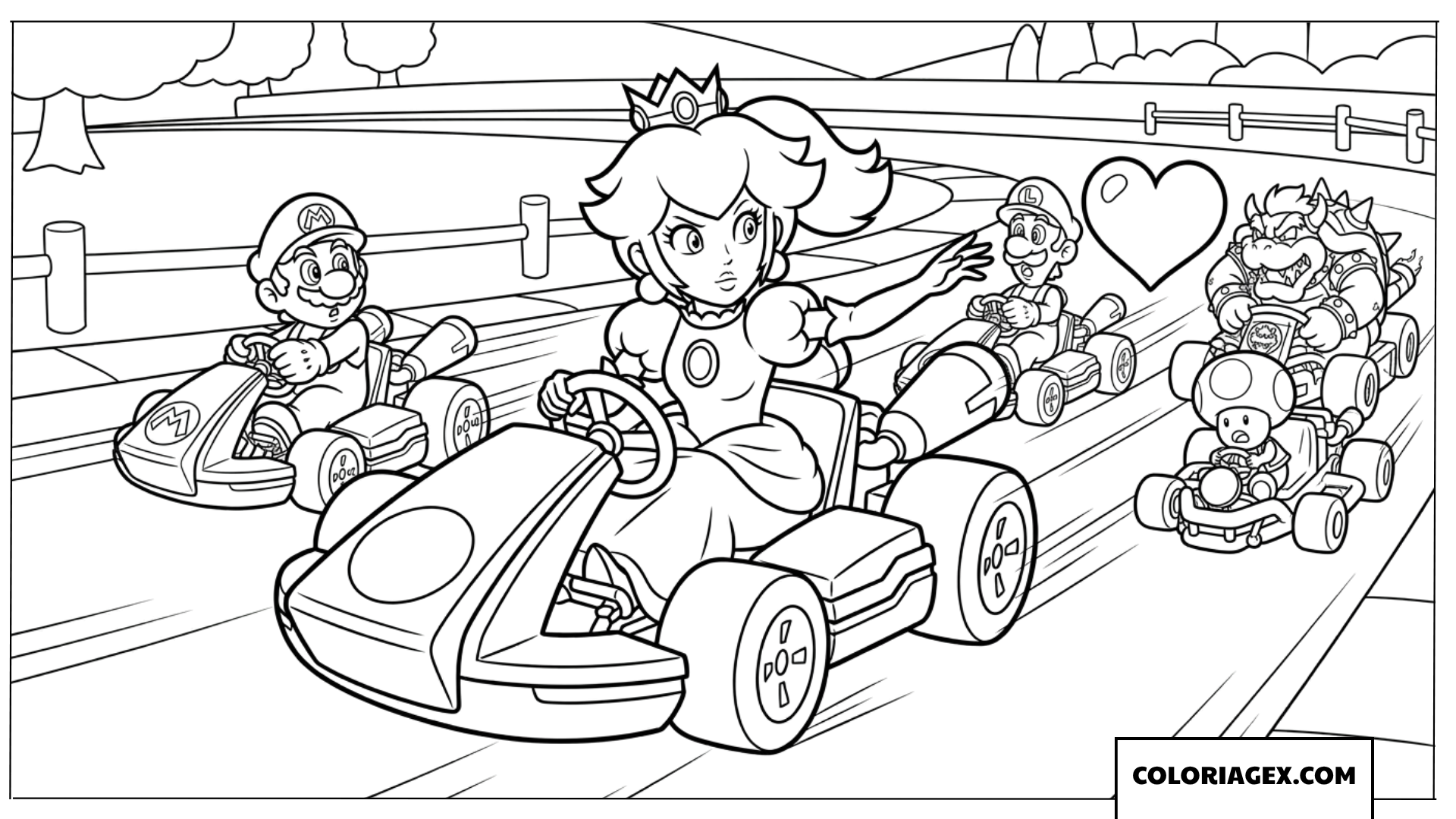 Dessin Princesse Peach en tete de la course Mario Kart