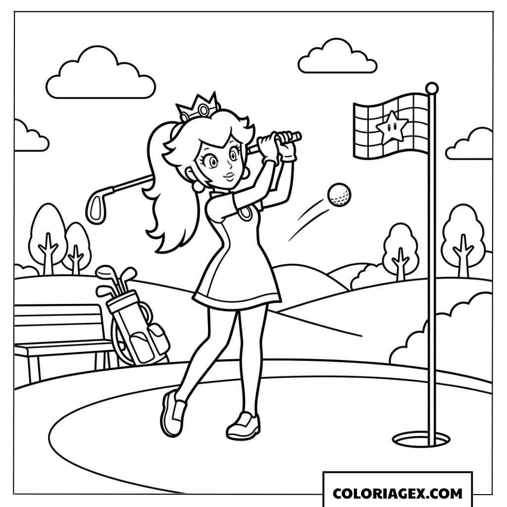 Dessin Princesse Peach joue au golf sur le terrain etoile