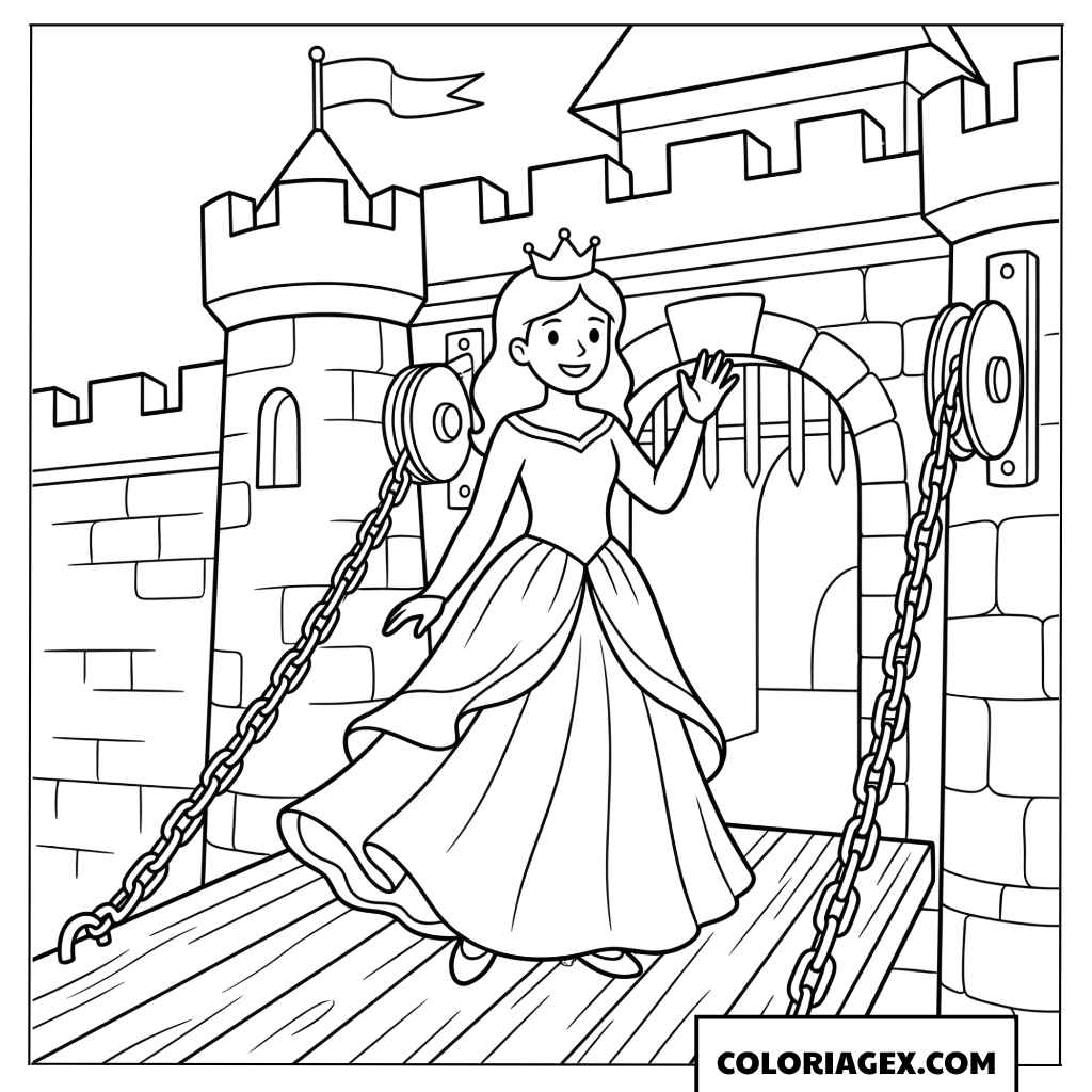 Dessin Princesse accueillant devant le pont du chateau