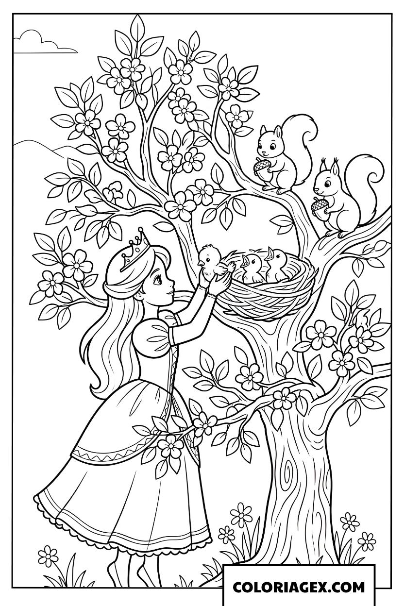 Dessin Princesse admirant des oisillons dans leur nid