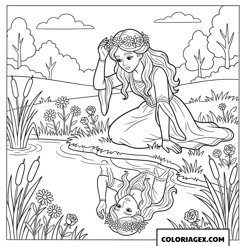 Dessin Princesse admirant sa couronne de fleurs dans le reflet de l'eau