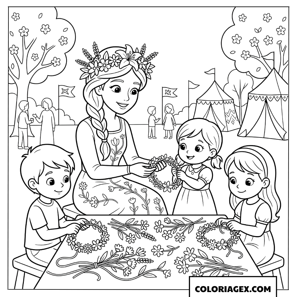 Dessin Princesse apprenant aux enfants à tresser des couronnes de fleurs
