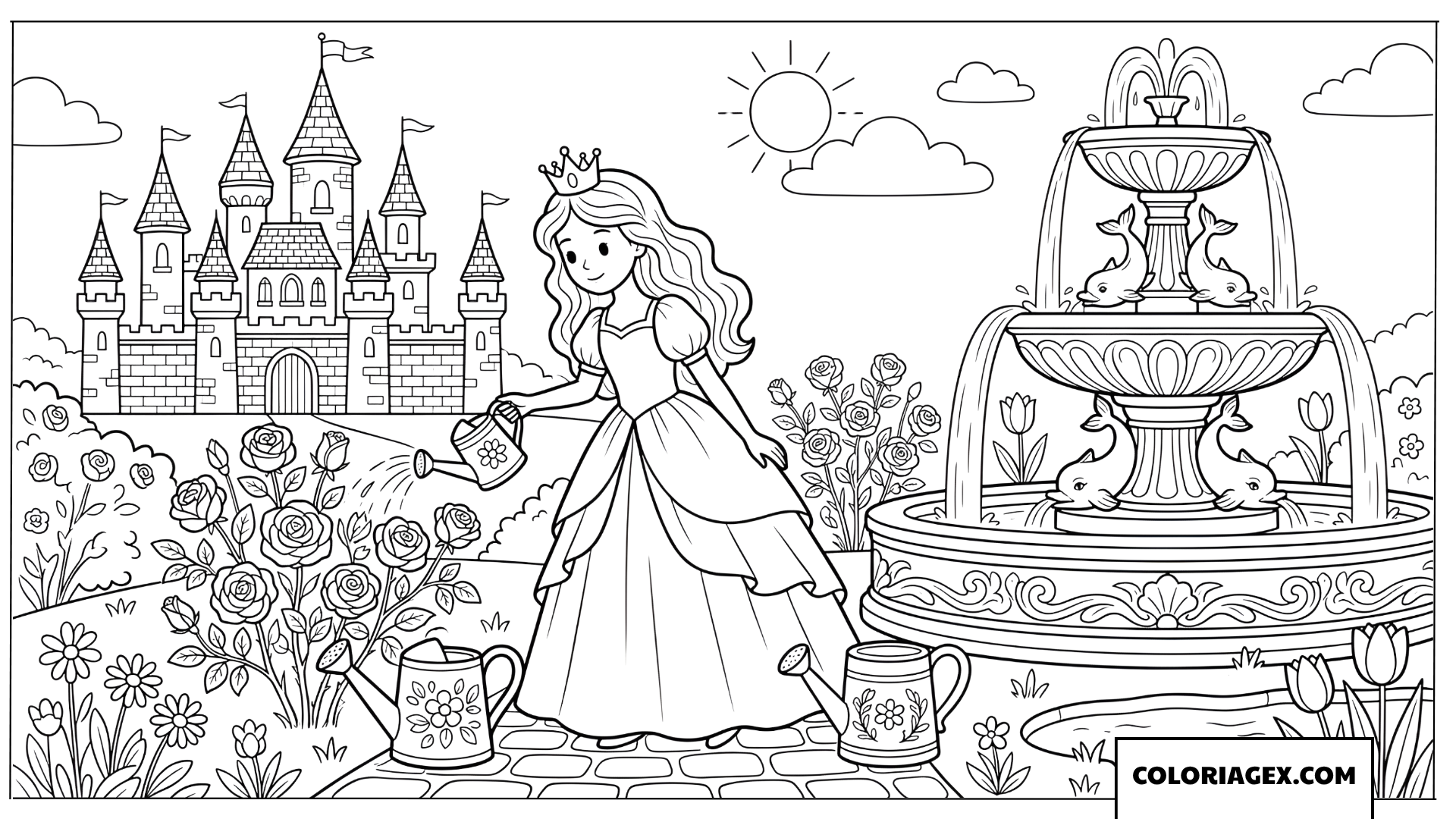 Dessin Princesse arrosant les roses près de la fontaine aux dauphins