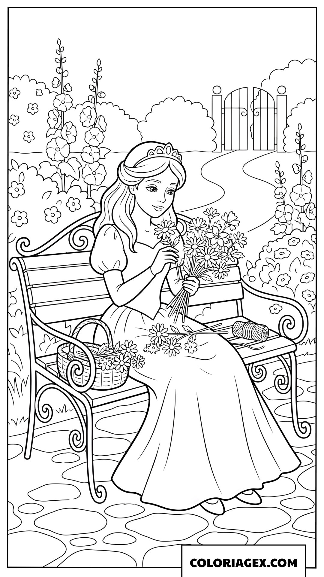 Dessin Princesse assise sur un banc de jardin avec des fleurs