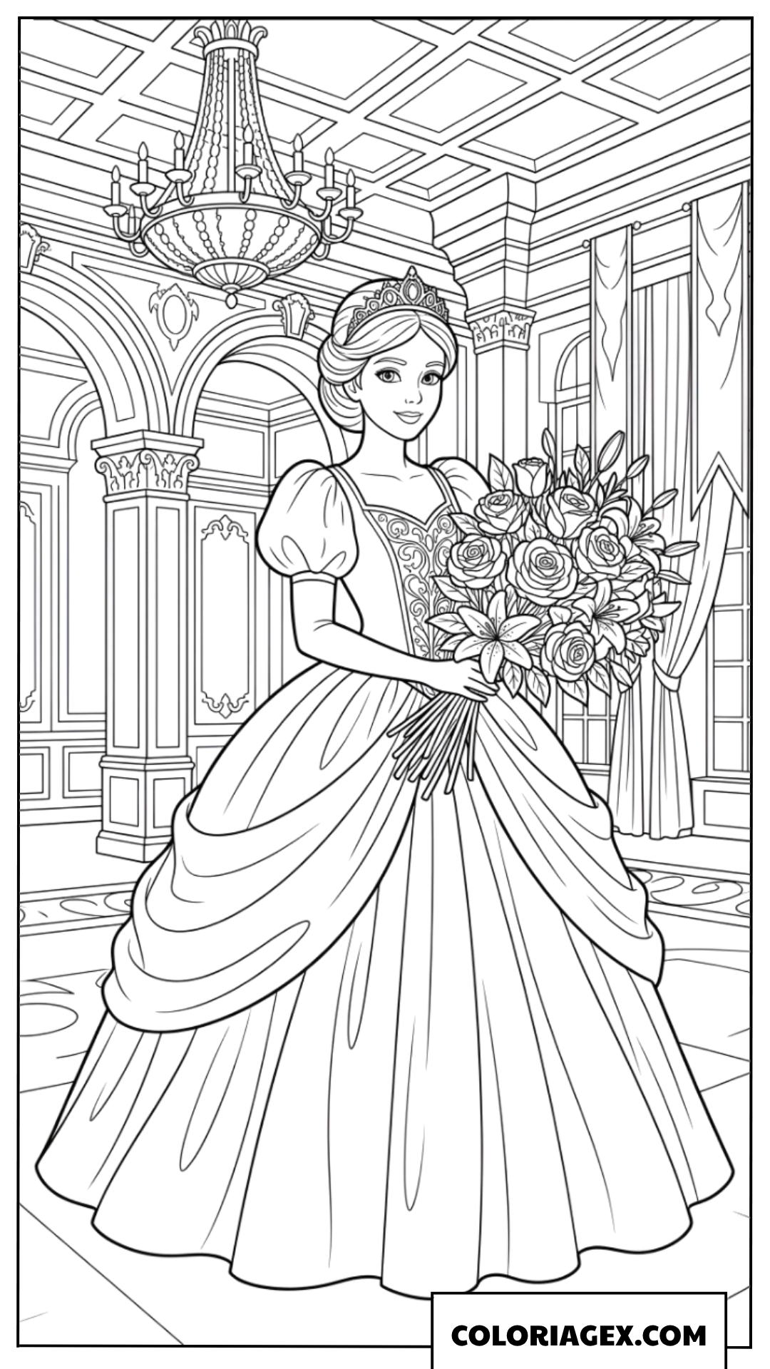 Dessin Princesse avec un bouquet de roses dans la salle de bal