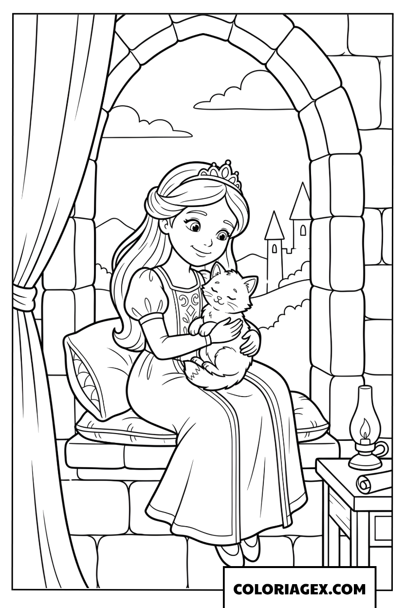Dessin Princesse câlinant son chat à la fenêtre