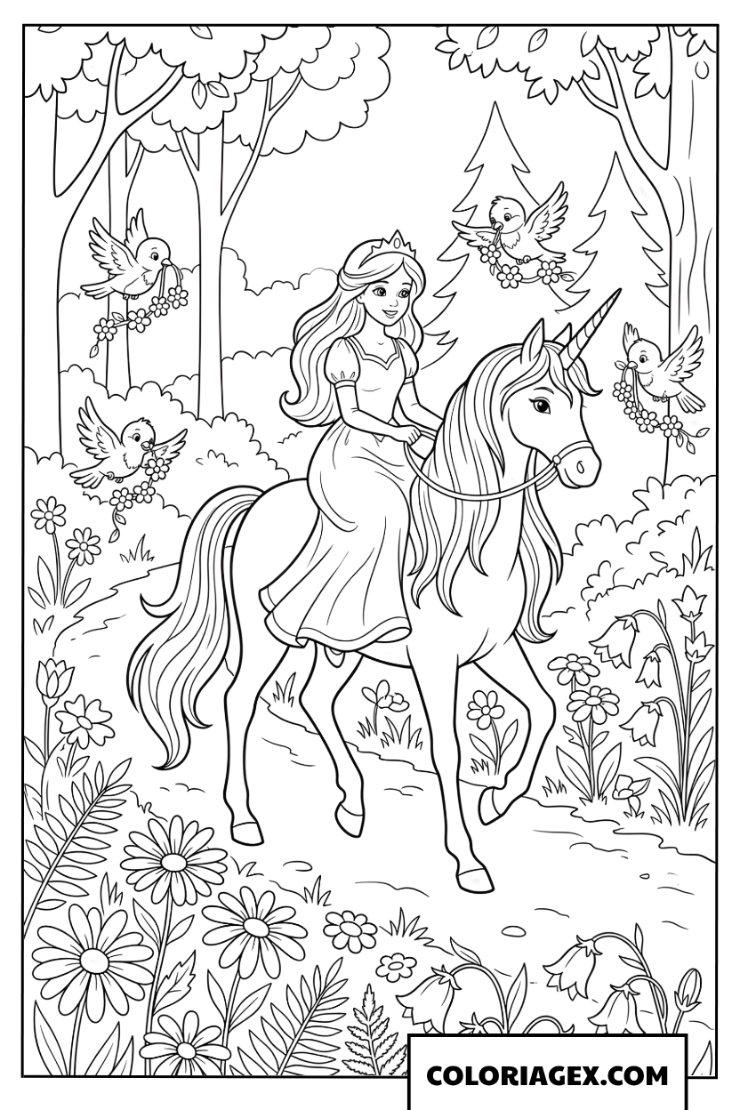 Dessin Princesse chevauchant une licorne dans une foret fleurie