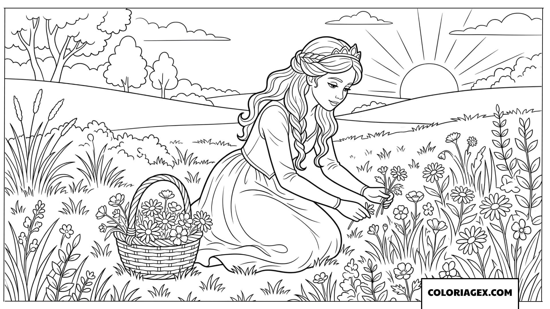 Dessin Princesse cueillant des fleurs sauvages au lever du soleil