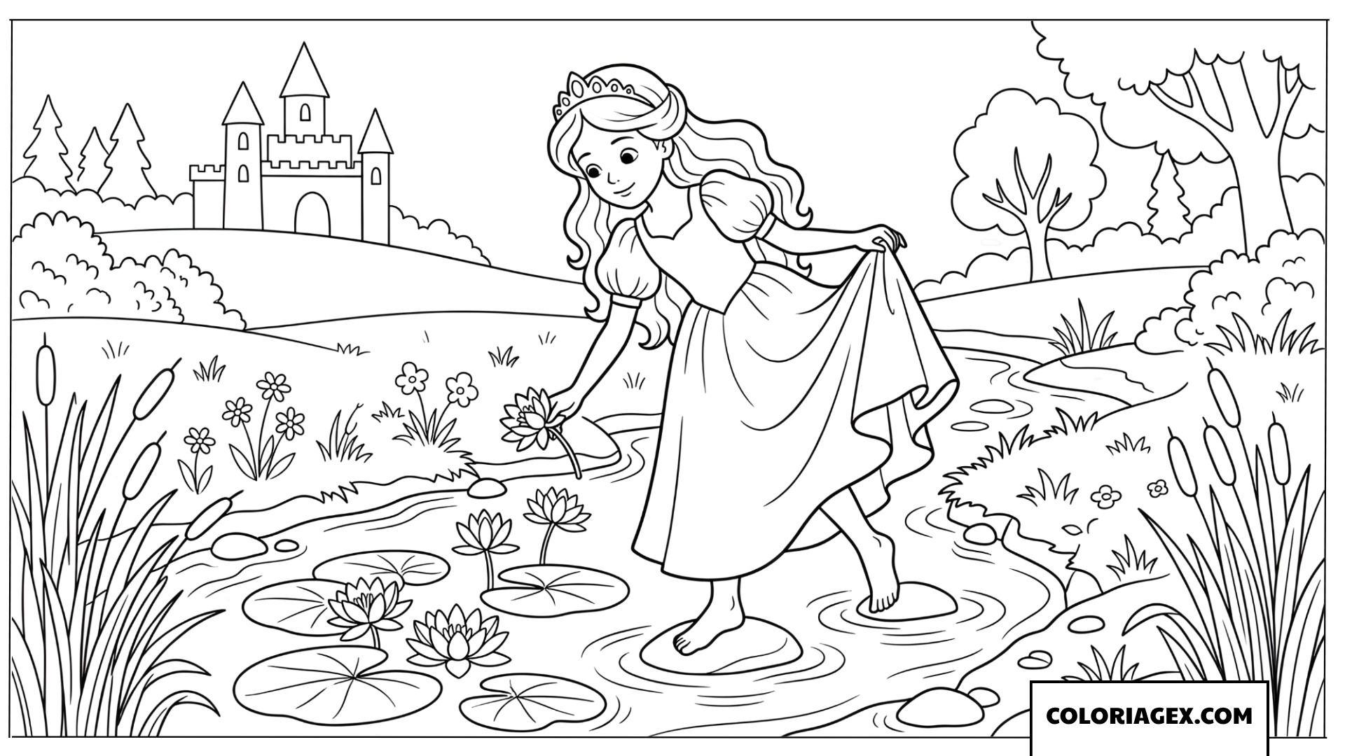 Dessin Princesse cueillant des nénuphars près du château