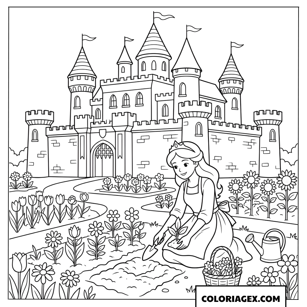 Dessin Princesse jardinant devant le chateau fleuri