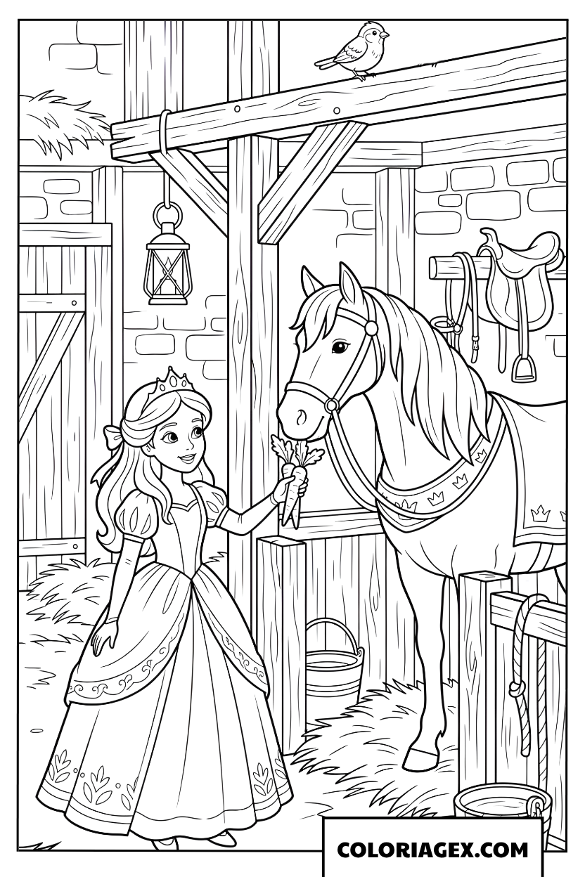 Dessin Princesse nourrissant son cheval à l'écurie