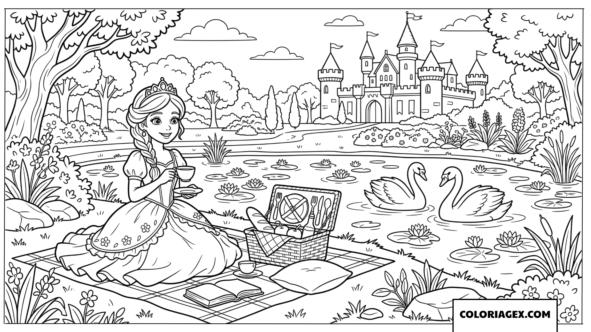 Dessin Princesse pique nique au bord du lac aux cygnes