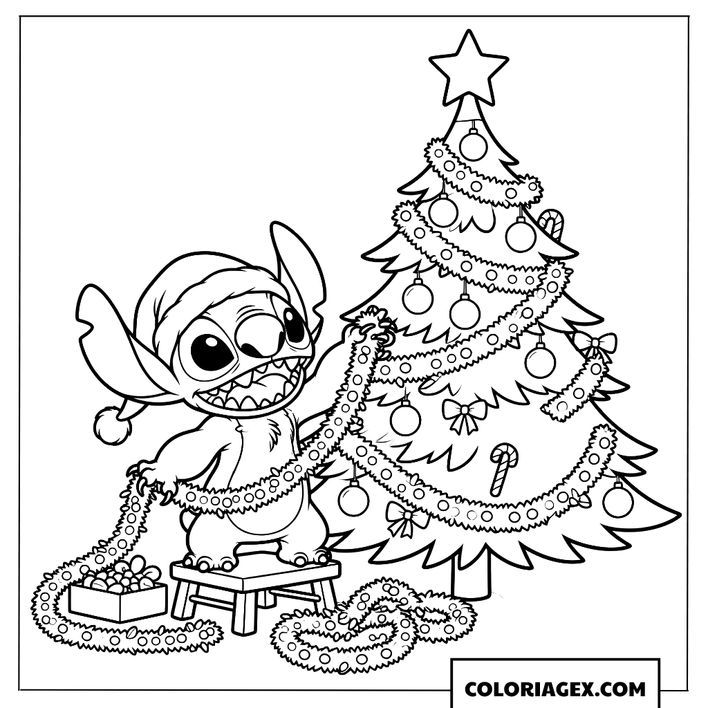 Dessin Stitch Décorant le Sapin de Noël